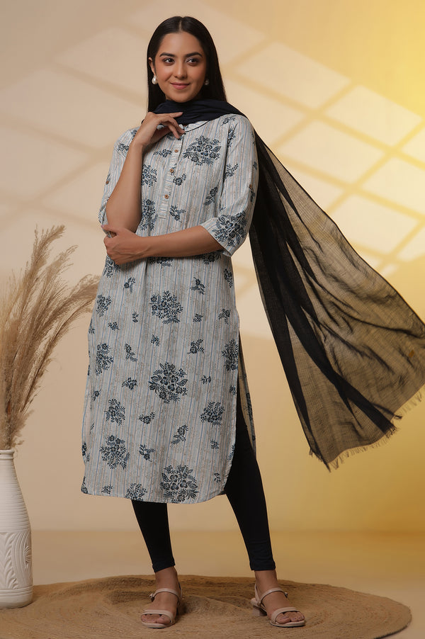 Beige and Blue Floral Printed Kurta, Tights and Dupatta Set