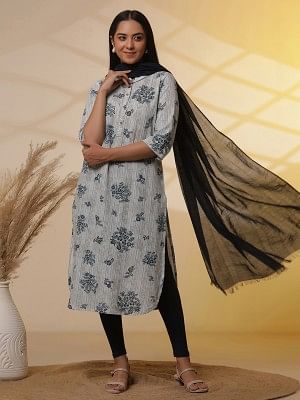 Beige and Blue Floral Printed Kurta, Tights and Dupatta Set