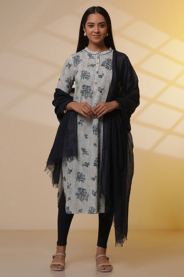 Beige and Blue Floral Printed Kurta, Tights and Dupatta Set