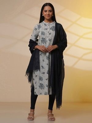 Beige and Blue Floral Printed Kurta, Tights and Dupatta Set