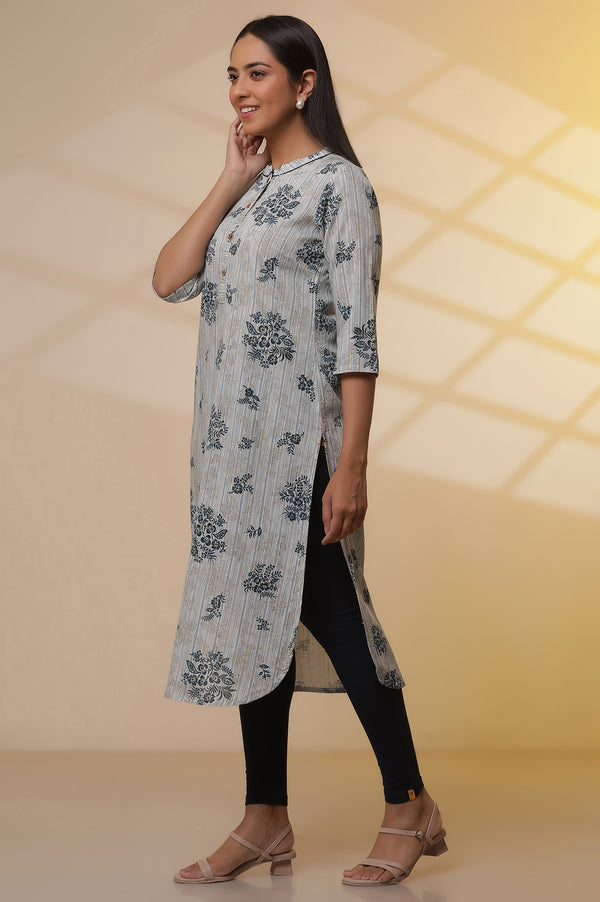 Beige and Blue Floral Printed Kurta, Tights and Dupatta Set