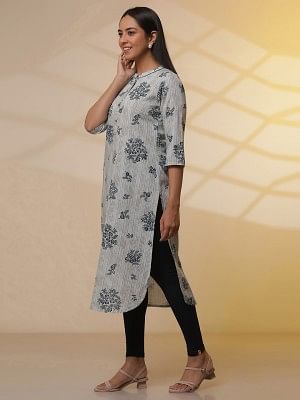 Beige and Blue Floral Printed Kurta, Tights and Dupatta Set