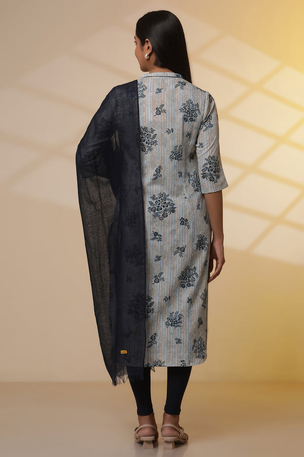 Beige and Blue Floral Printed Kurta, Tights and Dupatta Set
