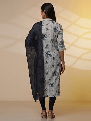 Beige and Blue Floral Printed Kurta, Tights and Dupatta Set