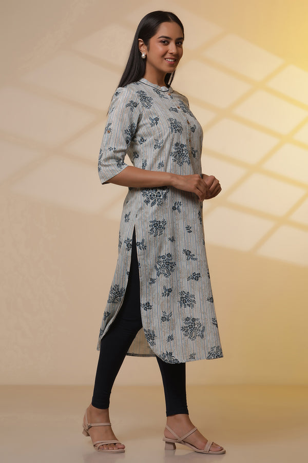Beige and Blue Floral Printed Kurta, Tights and Dupatta Set