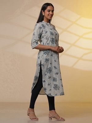 Beige and Blue Floral Printed Kurta, Tights and Dupatta Set