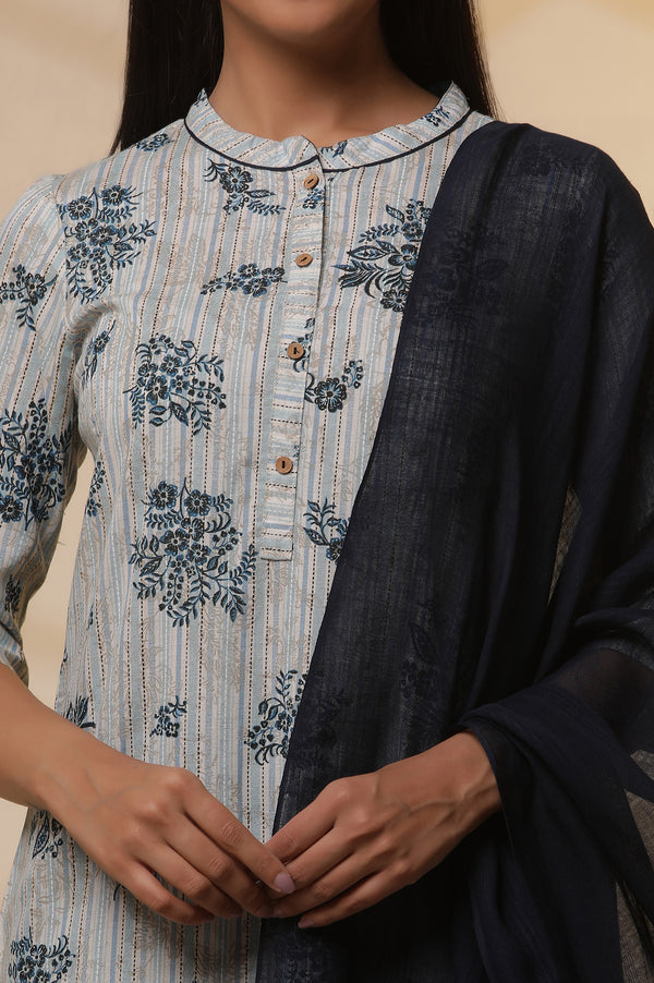 Beige and Blue Floral Printed Kurta, Tights and Dupatta Set