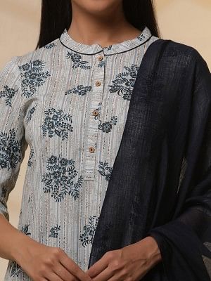 Beige and Blue Floral Printed Kurta, Tights and Dupatta Set