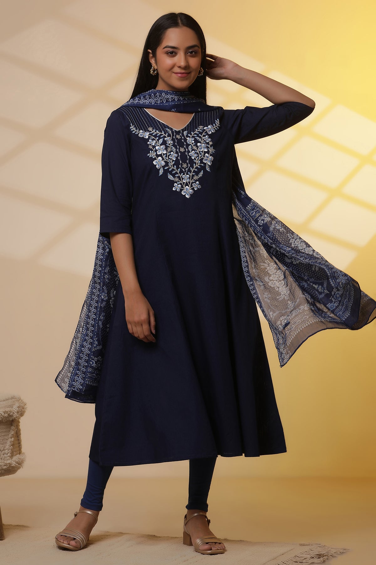 Blue A-line Embroidered Kurta, Tights and Dupatta Set - XS
