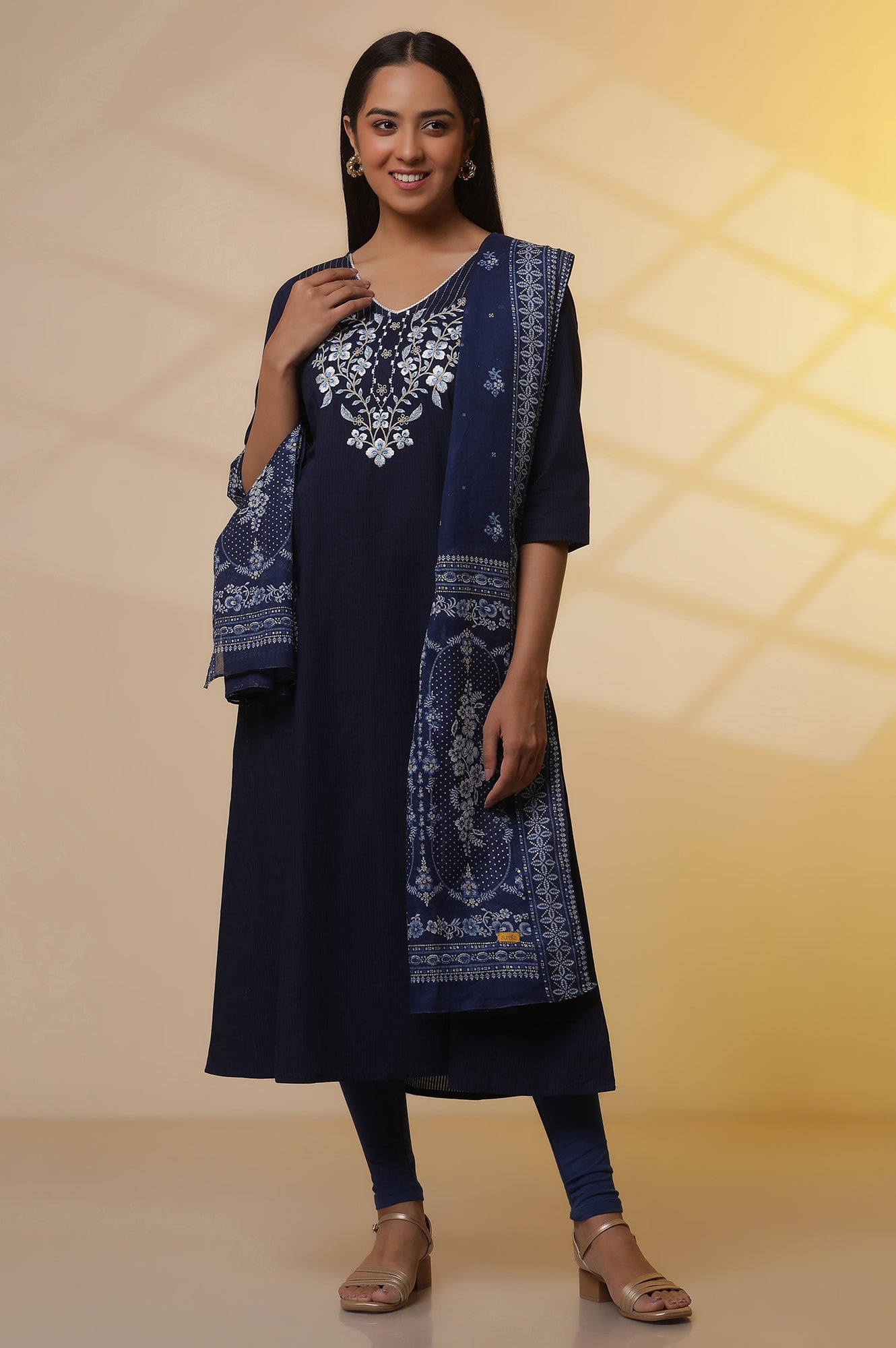 Blue A-line Embroidered Kurta, Tights and Dupatta Set