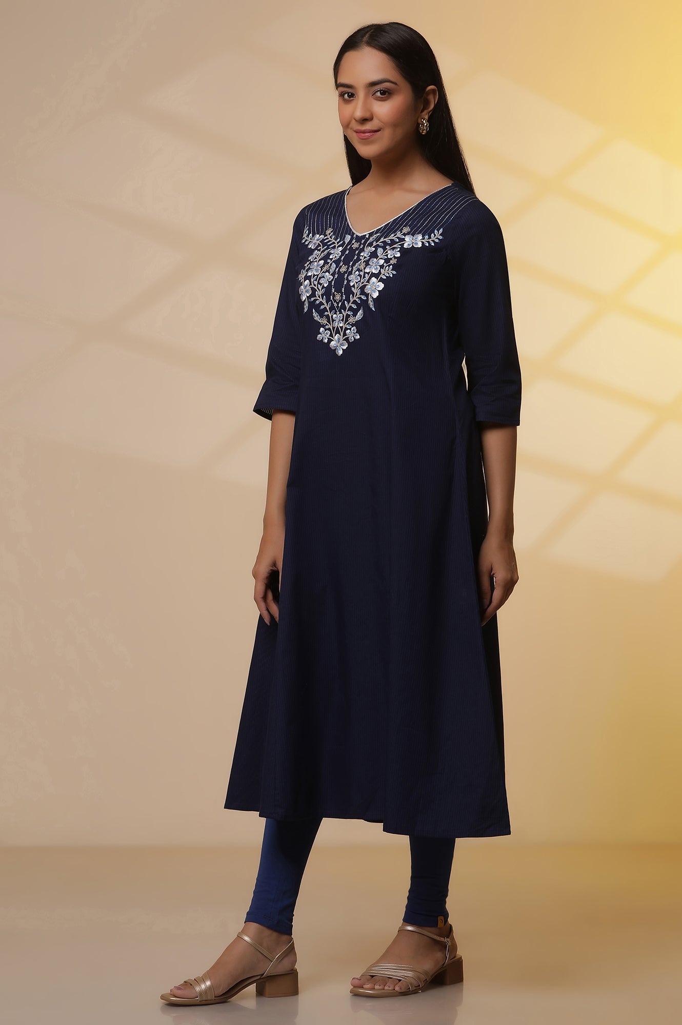 Blue A-line Embroidered Kurta, Tights and Dupatta Set