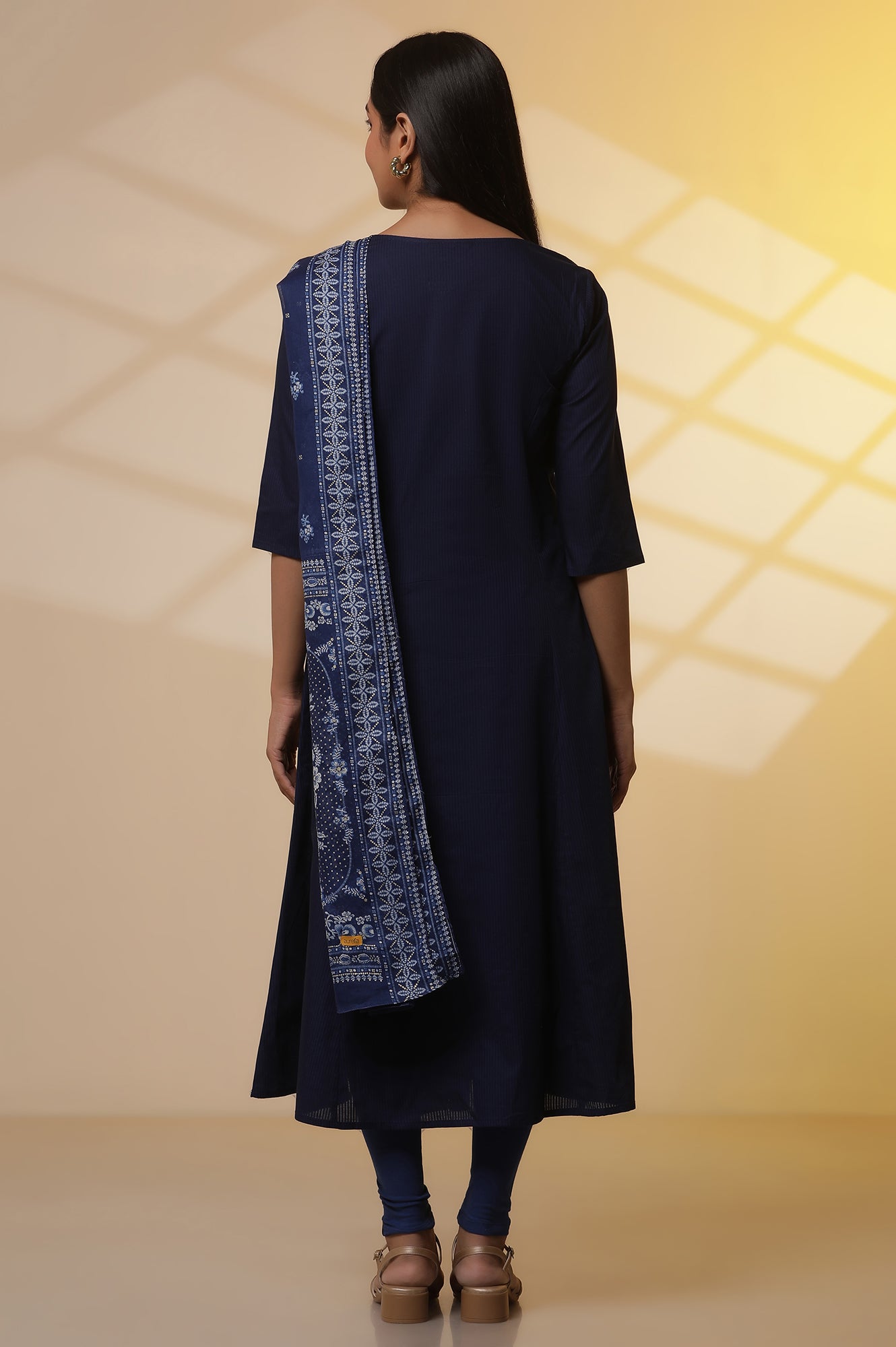 Blue A-line Embroidered Kurta, Tights and Dupatta Set