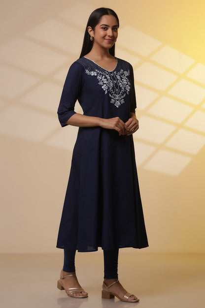 Blue A-line Embroidered Kurta, Tights and Dupatta Set