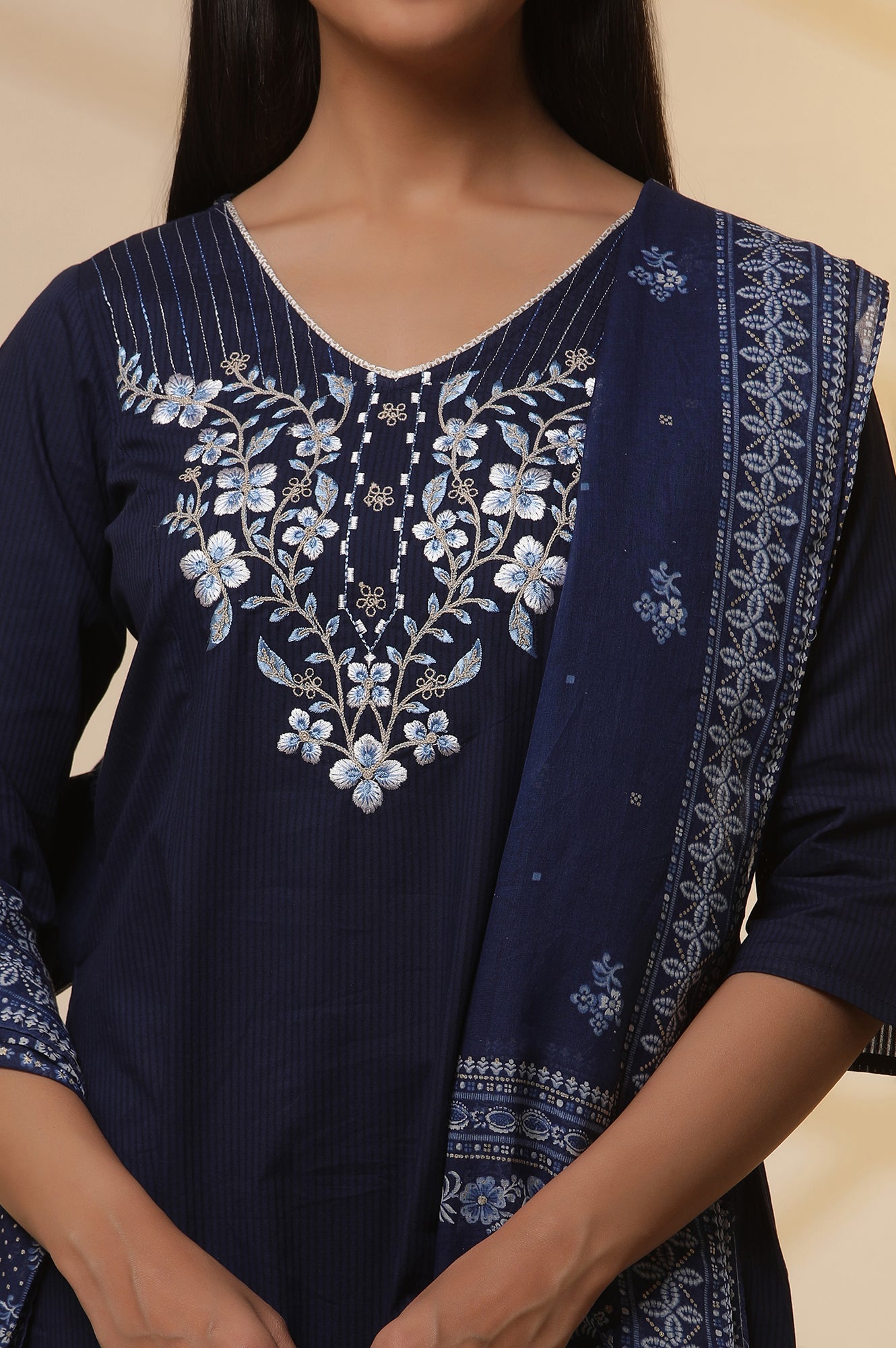 Blue A-line Embroidered Kurta, Tights and Dupatta Set