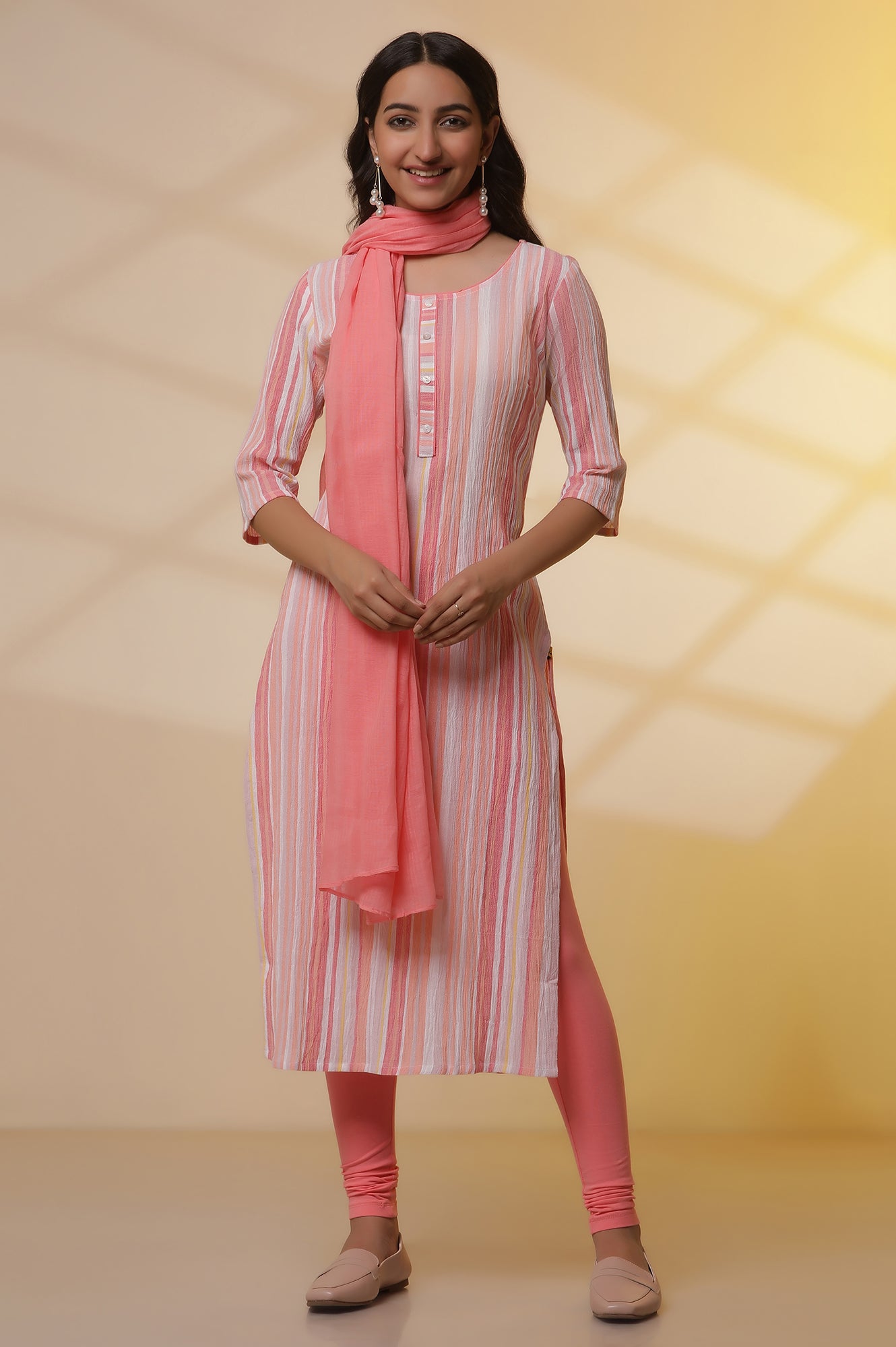 Soft Multi-coloured Dobby Printed Kurta, Tights and Dupatta Set