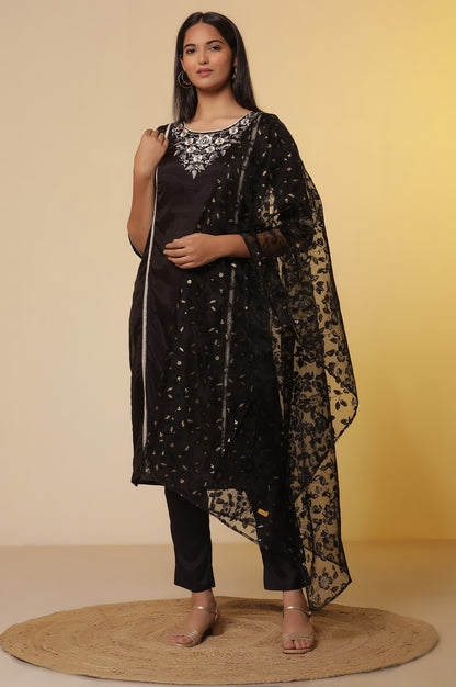 Black-Shantung-Embroidered-Straight-Kurta,-Pants-with-Dupatta-Set