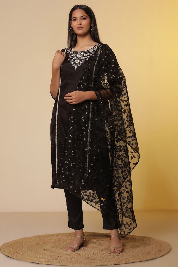 Black Shantung Embroidered Straight Kurta, Pants with Dupatta Set