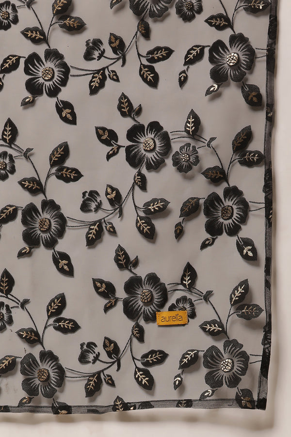 Black Shantung Embroidered Straight Kurta, Pants with Dupatta Set