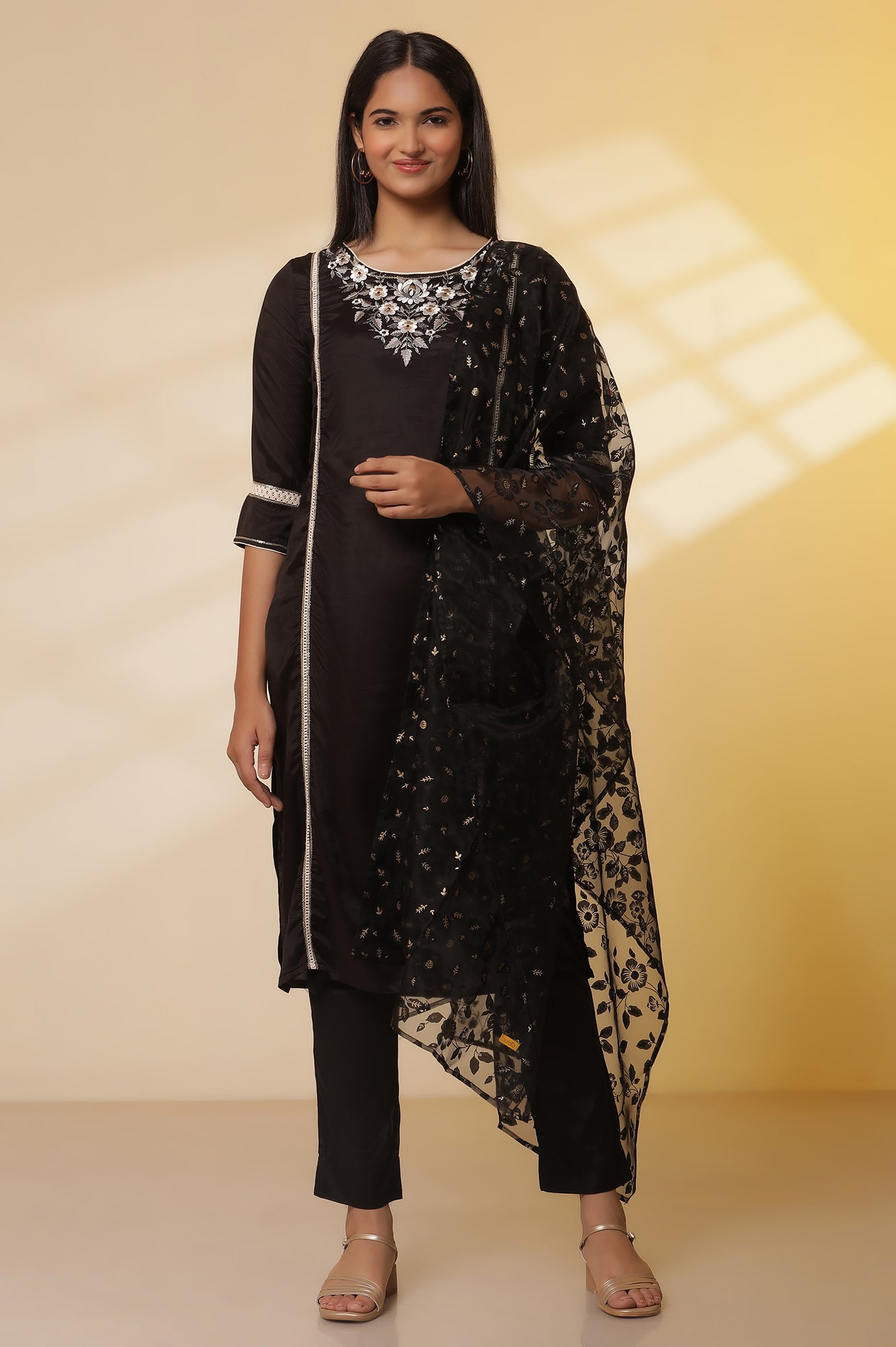 Black-Shantung-Embroidered-Straight-Kurta,-Pants-with-Dupatta-Set