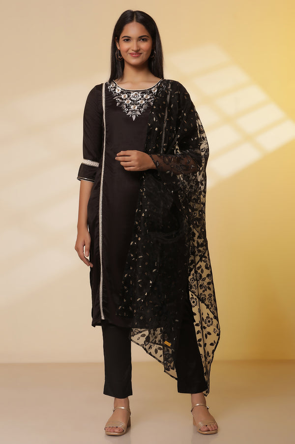 Black Shantung Embroidered Straight Kurta, Pants with Dupatta Set