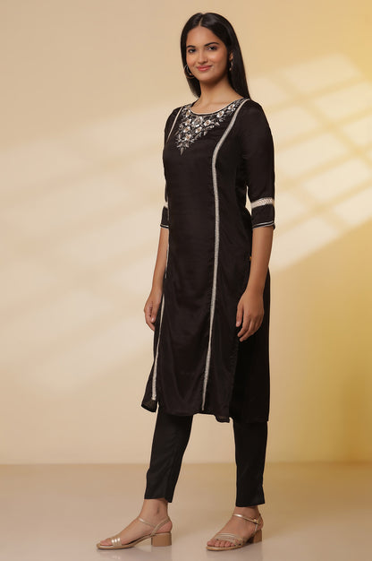 Black-Shantung-Embroidered-Straight-Kurta,-Pants-with-Dupatta-Set