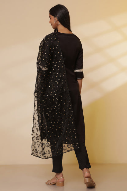 Black-Shantung-Embroidered-Straight-Kurta,-Pants-with-Dupatta-Set