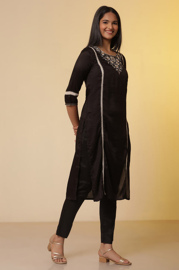 Black Shantung Embroidered Straight Kurta, Pants with Dupatta Set
