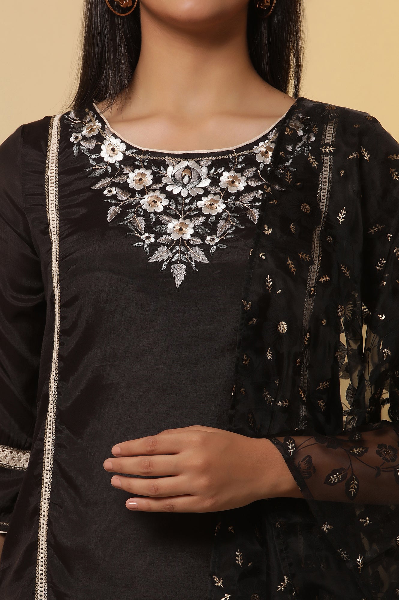 Black-Shantung-Embroidered-Straight-Kurta,-Pants-with-Dupatta-Set