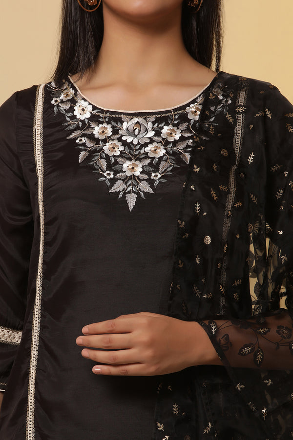 Black Shantung Embroidered Straight Kurta, Pants with Dupatta Set