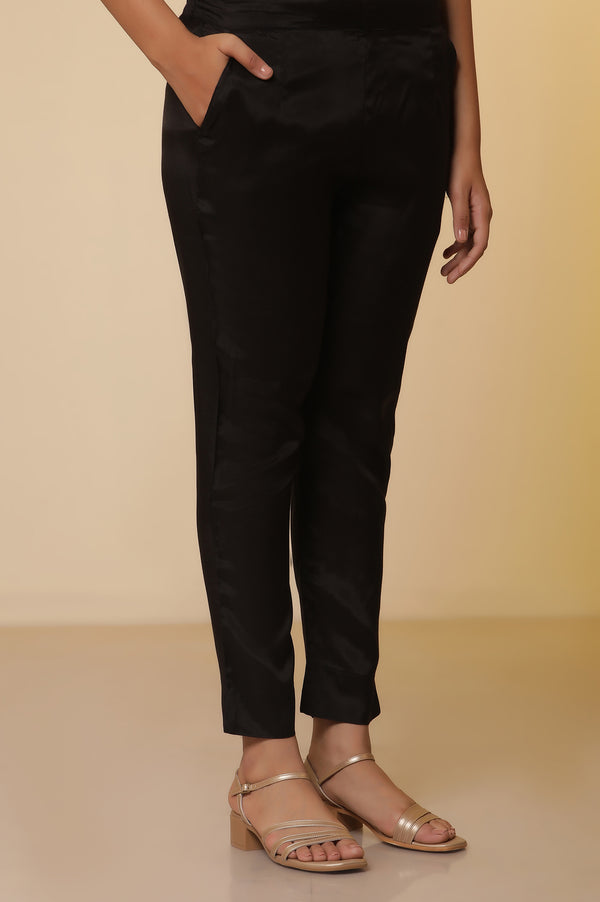 Black Shantung Embroidered Straight Kurta, Pants with Dupatta Set