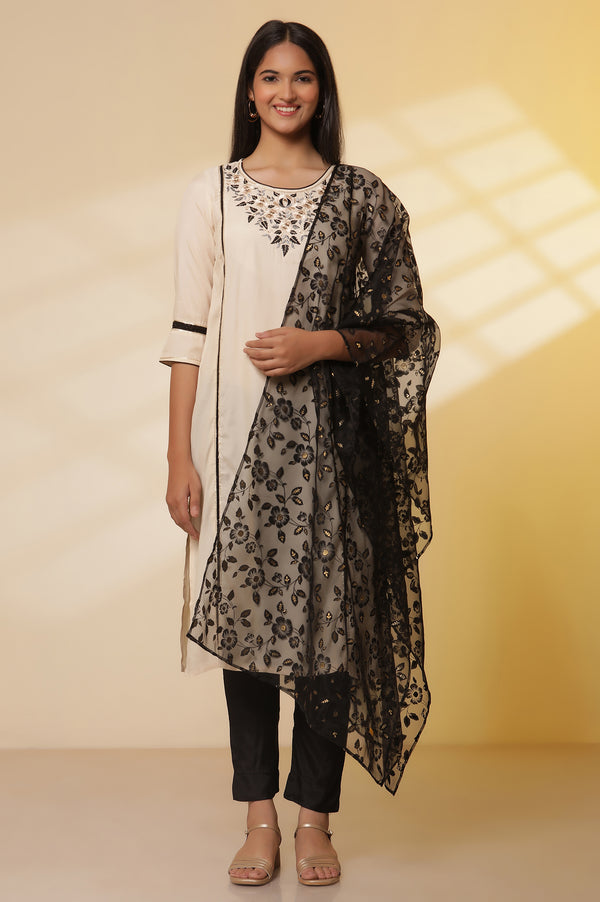 White Shantung Embroidered Straight Kurta, Pants with Dupatta Set