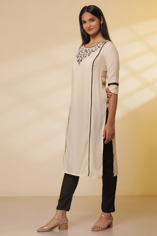 White Shantung Embroidered Straight Kurta, Pants with Dupatta Set
