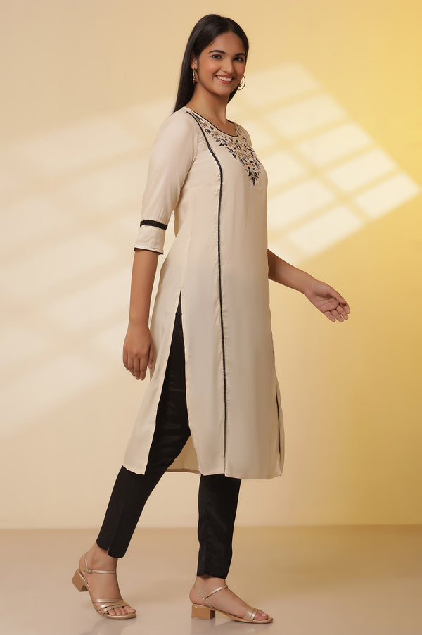 White Shantung Embroidered Straight Kurta, Pants with Dupatta Set