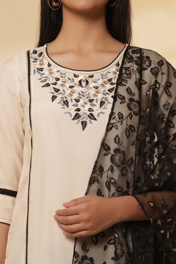 White Shantung Embroidered Straight Kurta, Pants with Dupatta Set