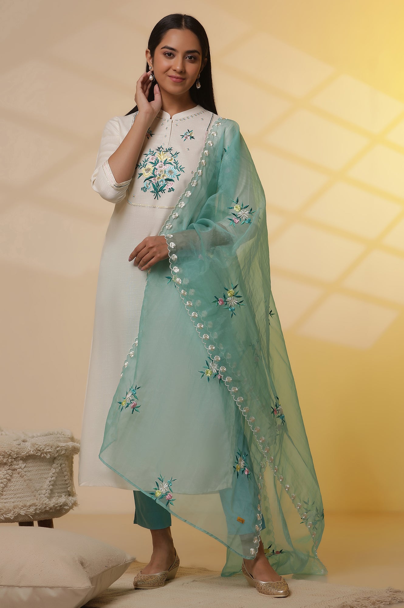 White Embroidered Kurta, Pants and Organza Dupatta Set