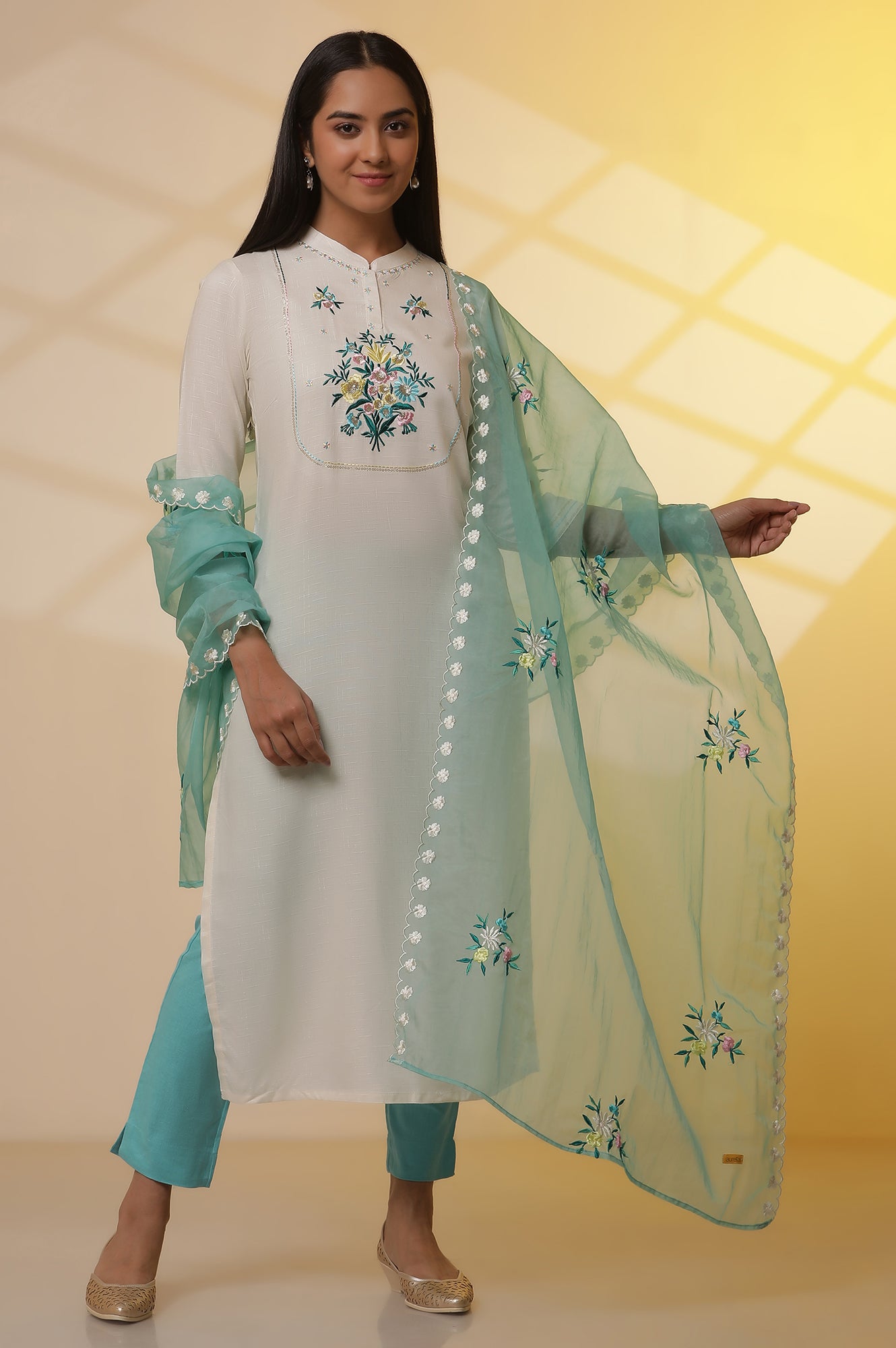 White Embroidered Kurta, Pants and Organza Dupatta Set