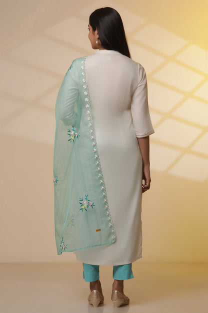 White Embroidered Kurta, Pants and Organza Dupatta Set