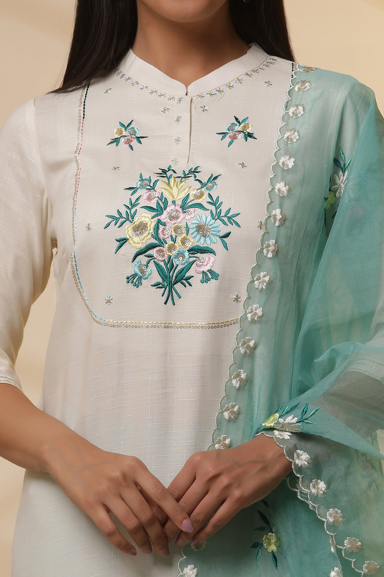 White Embroidered Kurta, Pants and Organza Dupatta Set