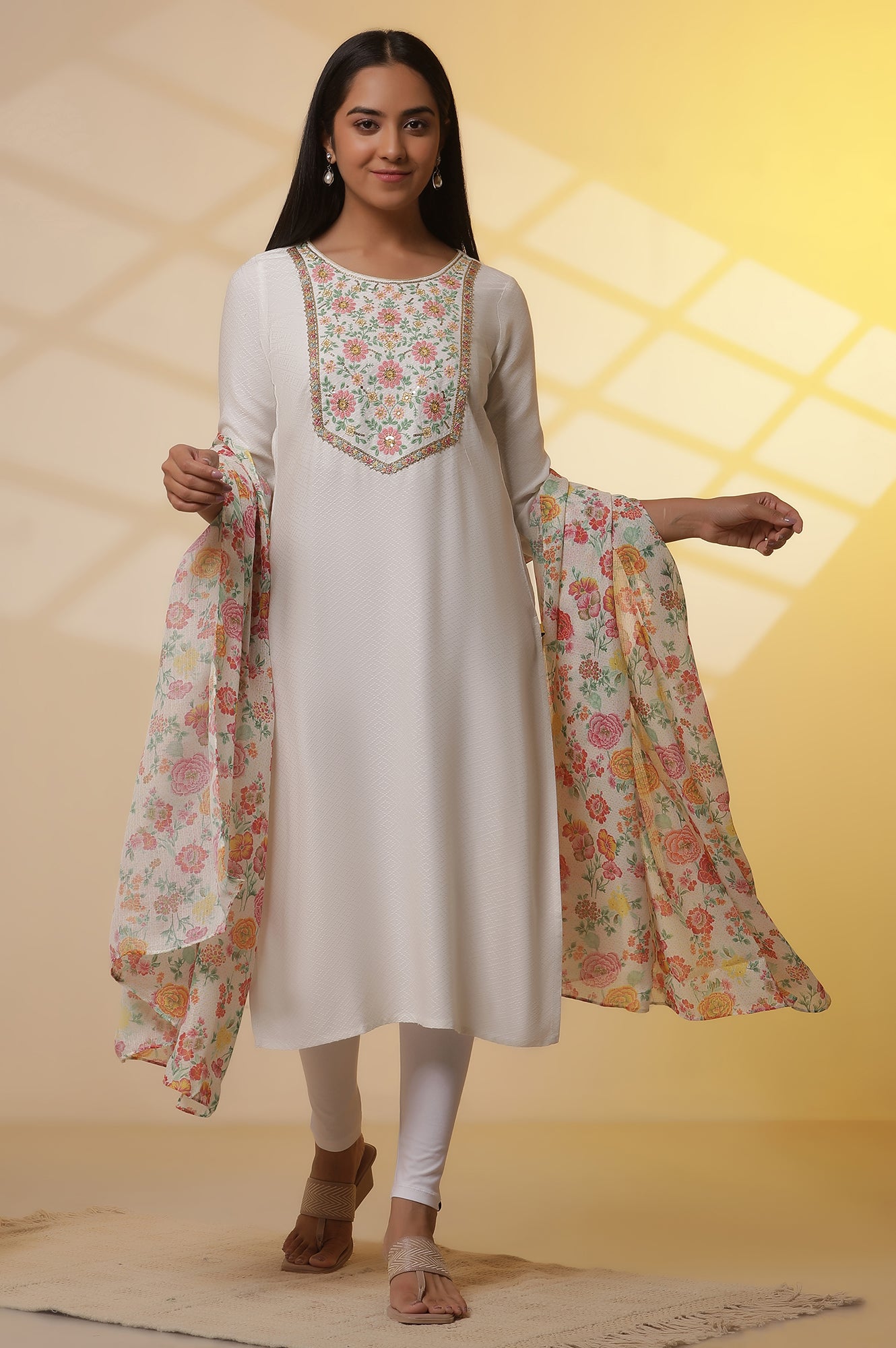 White Metallic Embroidered Kurta, Tights and Floral Dupatta Set