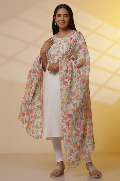 White Metallic Embroidered Kurta, Tights and Floral Dupatta Set