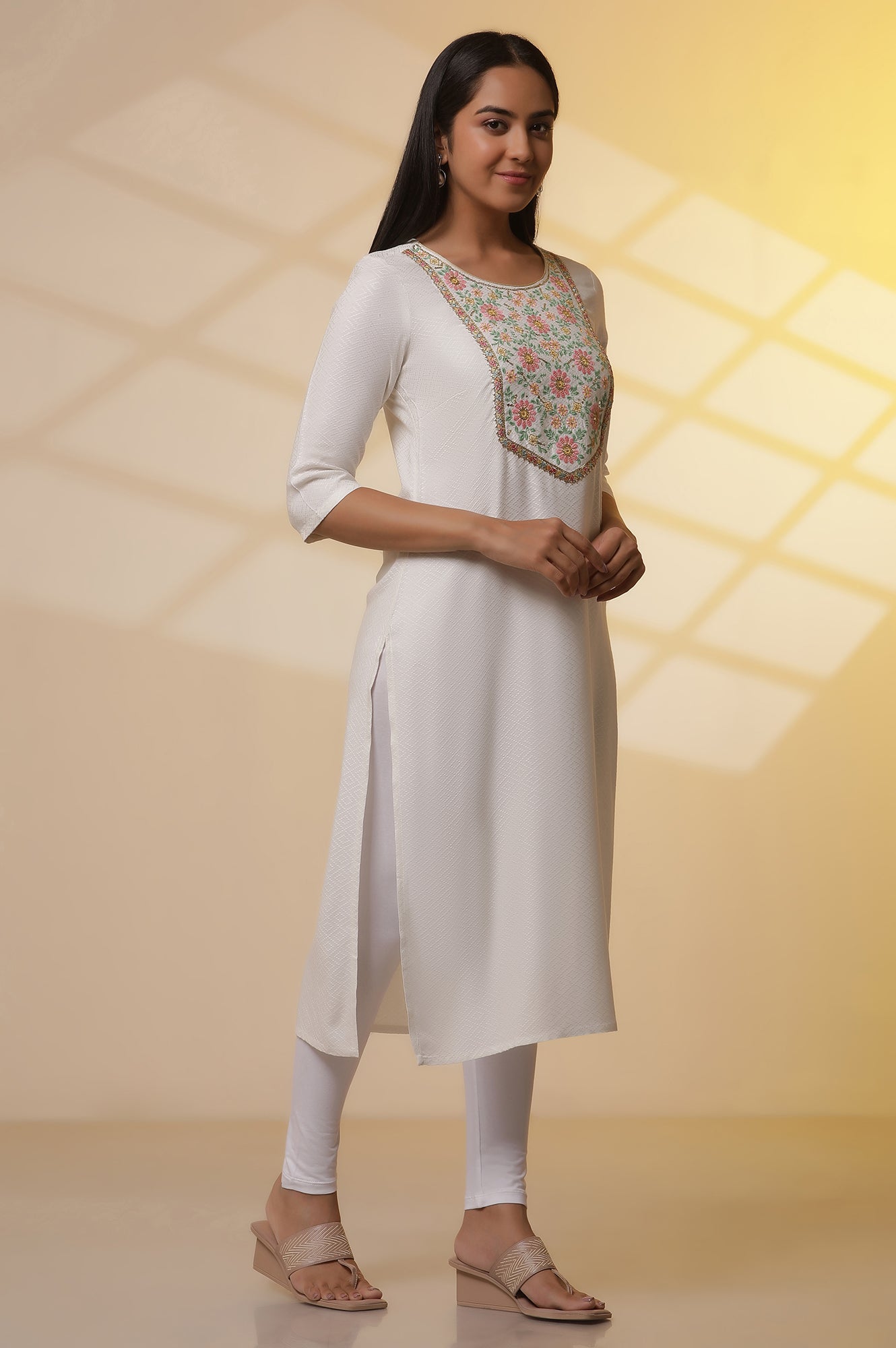 White Metallic Embroidered Kurta, Tights and Floral Dupatta Set