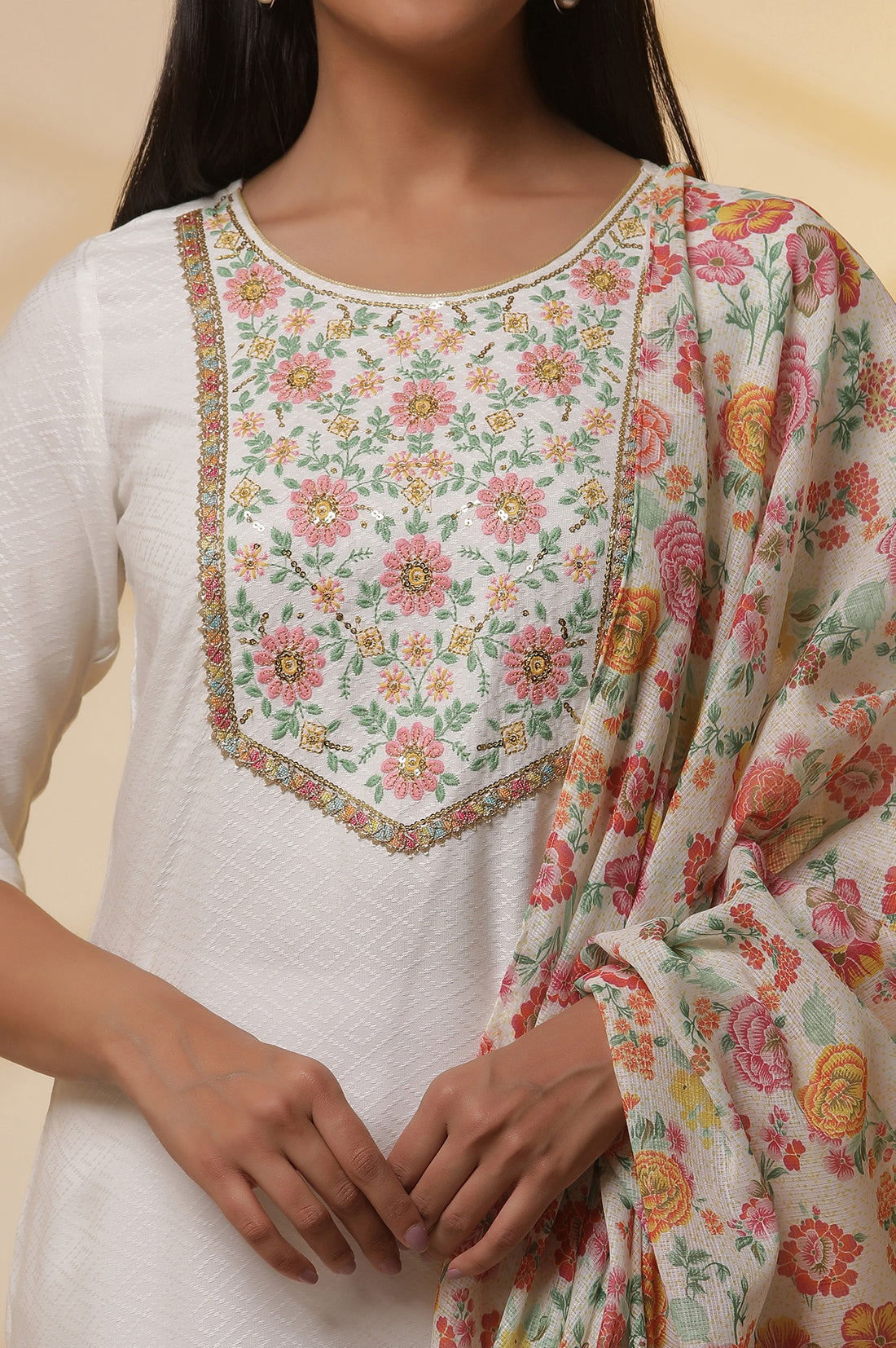 White Metallic Embroidered Kurta, Tights and Floral Dupatta Set
