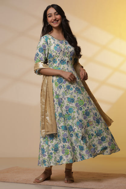 White and Blue Floral Printed Flared Kurta, Golden Tights and Dupatta Set