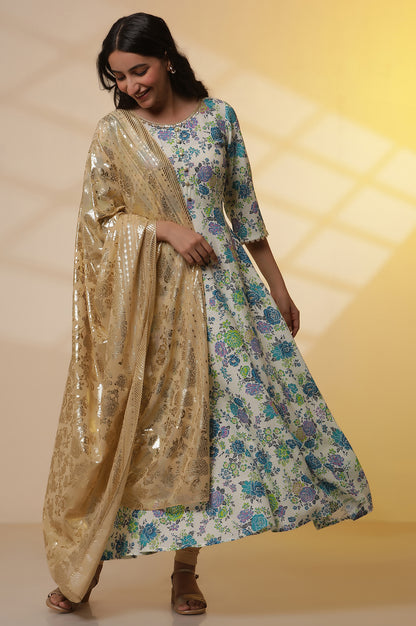 White and Blue Floral Printed Flared Kurta, Golden Tights and Dupatta Set