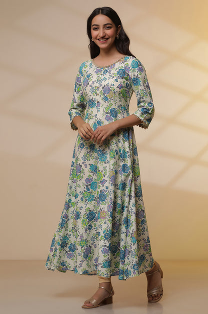 White and Blue Floral Printed Flared Kurta, Golden Tights and Dupatta Set