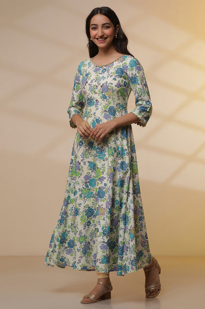 White and Blue Floral Printed Flared Kurta, Golden Tights and Dupatta Set