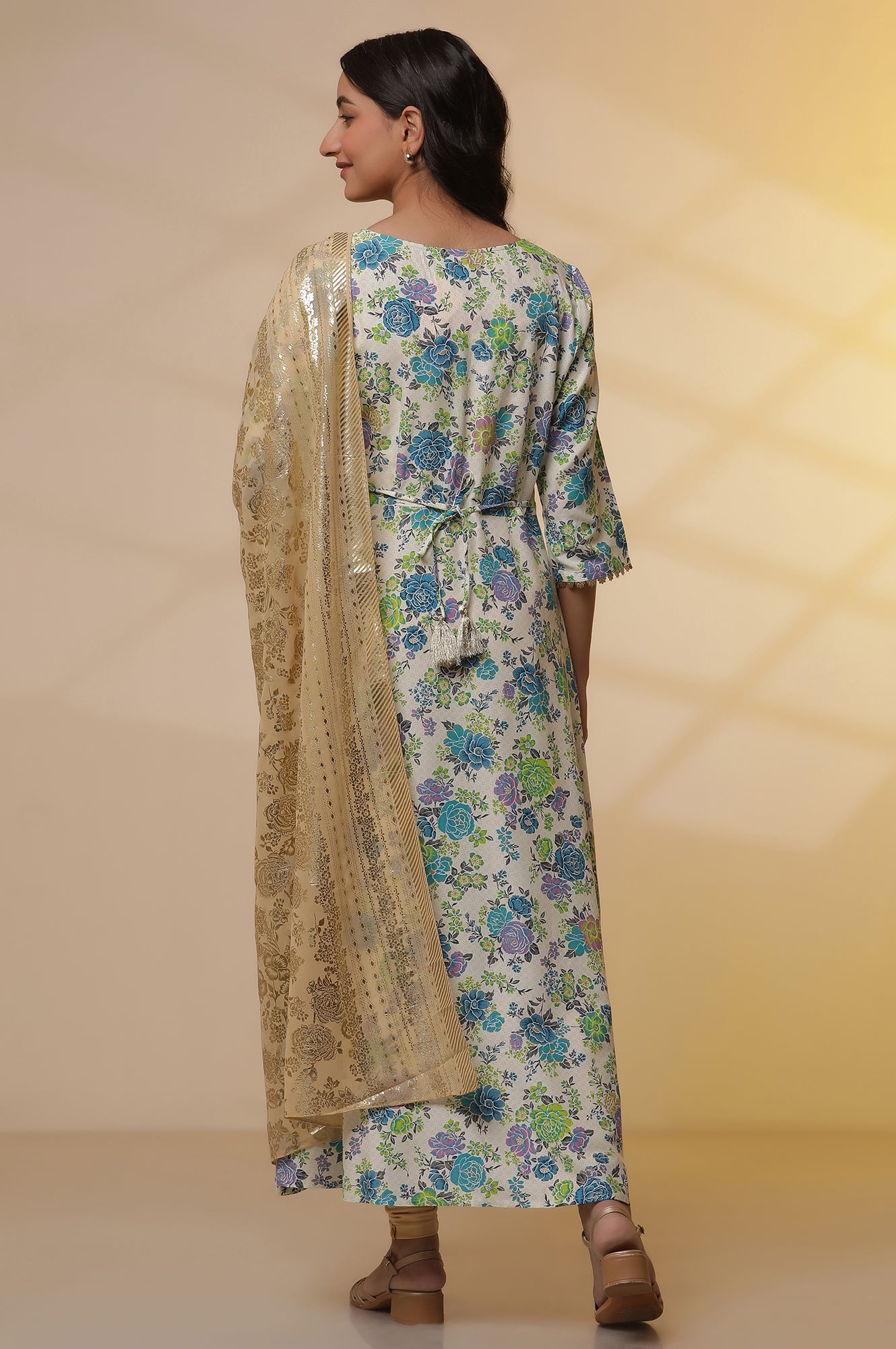 White and Blue Floral Printed Flared Kurta, Golden Tights and Dupatta Set