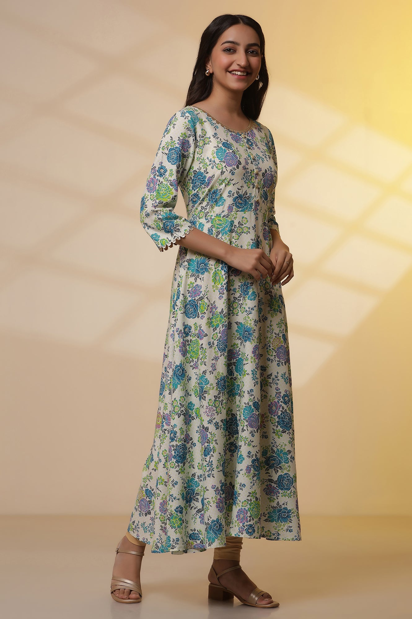 White and Blue Floral Printed Flared Kurta, Golden Tights and Dupatta Set