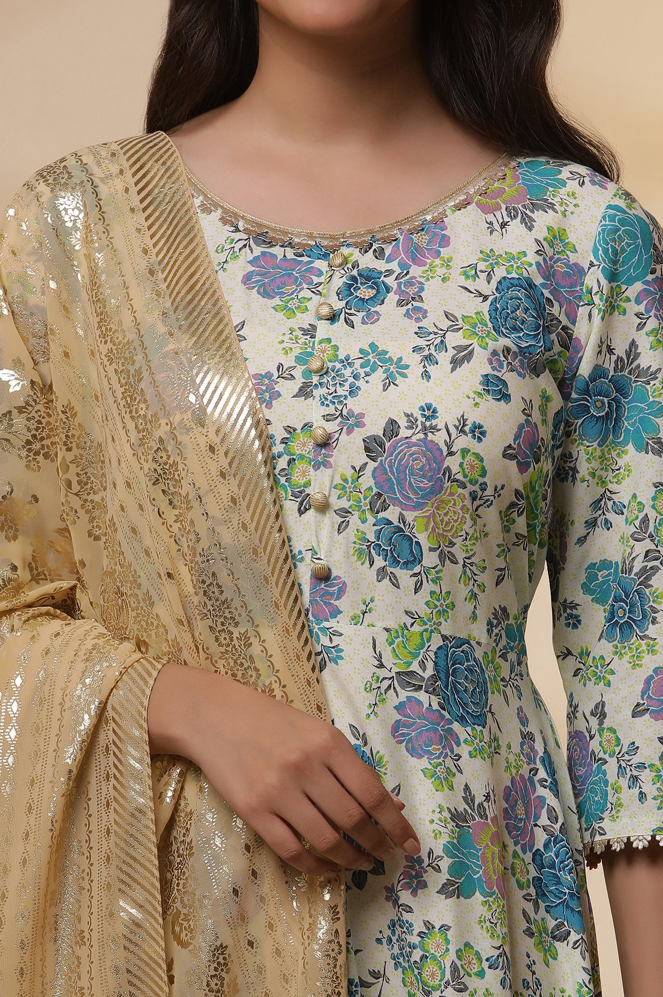 White and Blue Floral Printed Flared Kurta, Golden Tights and Dupatta Set