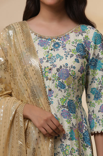 White and Blue Floral Printed Flared Kurta, Golden Tights and Dupatta Set